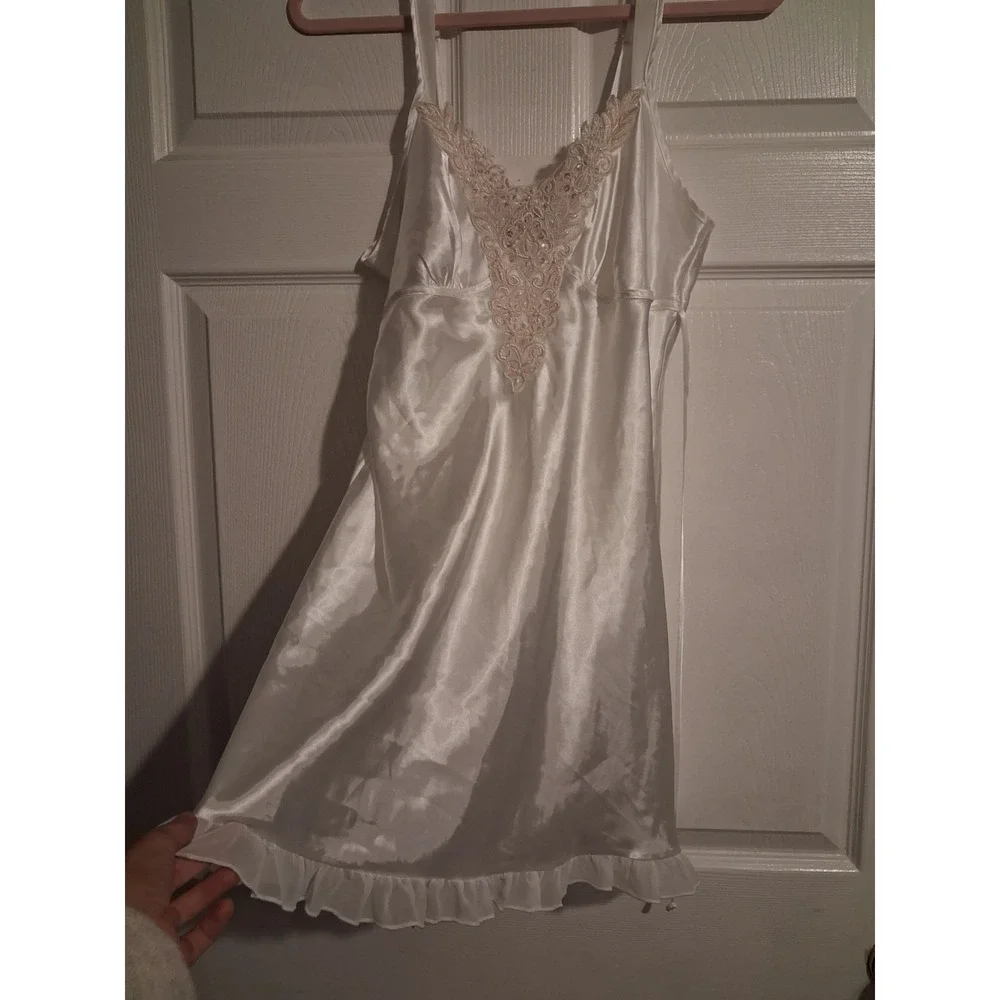 Ivory Satin Babydoll Cami Beaded Floral Lace Pearl Applique Coquette Fairy Y2K S